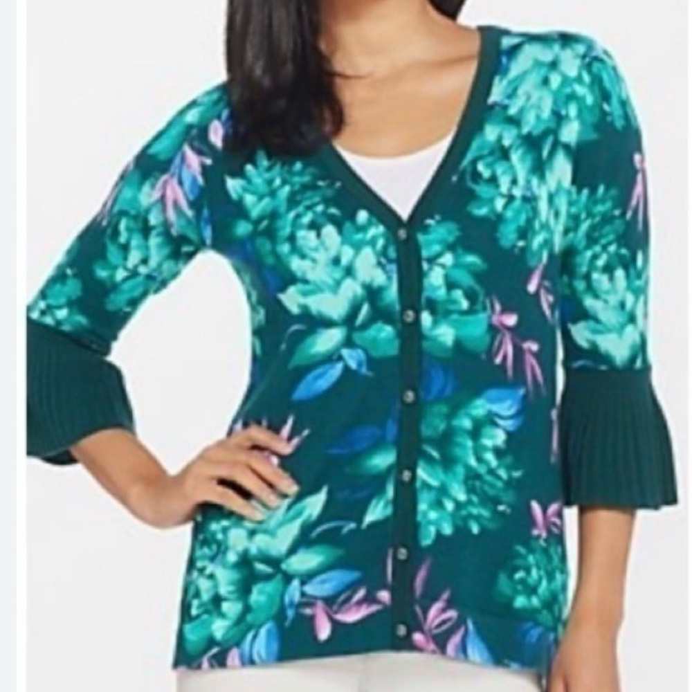 Isaac Mizrahi Live floral ruffle bell sleeve sweater cardigan size large
